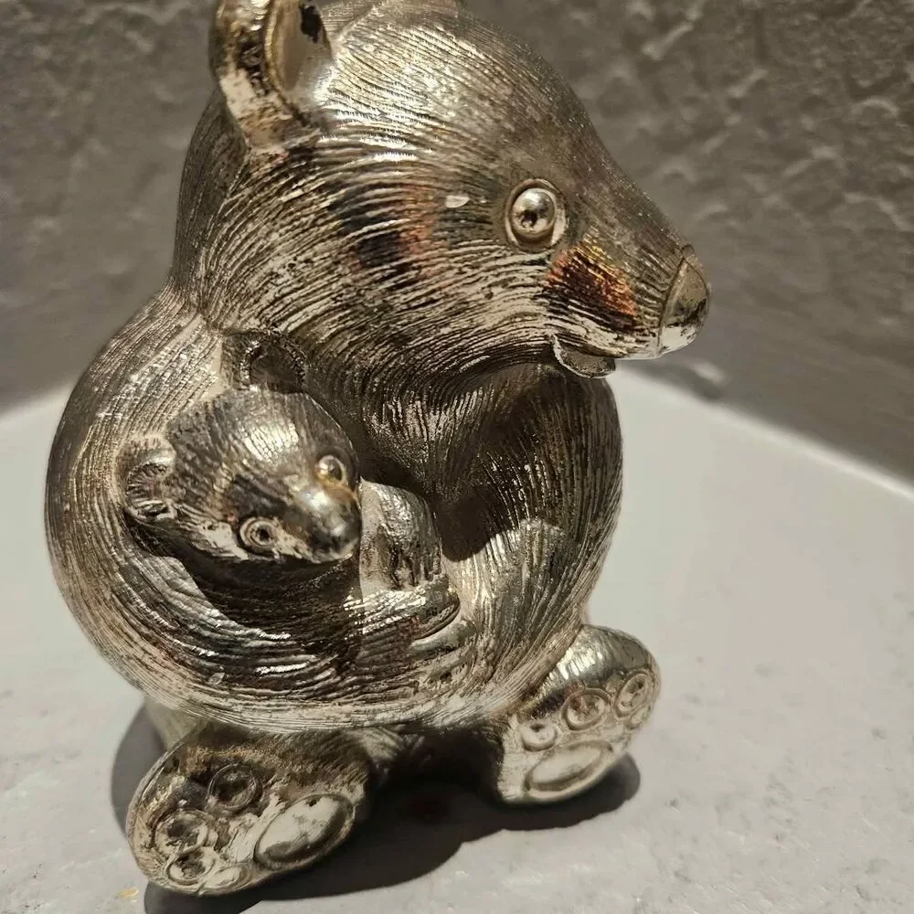 Silver Plate Bear with Cub Coin Bank Piggy Bank 4.5